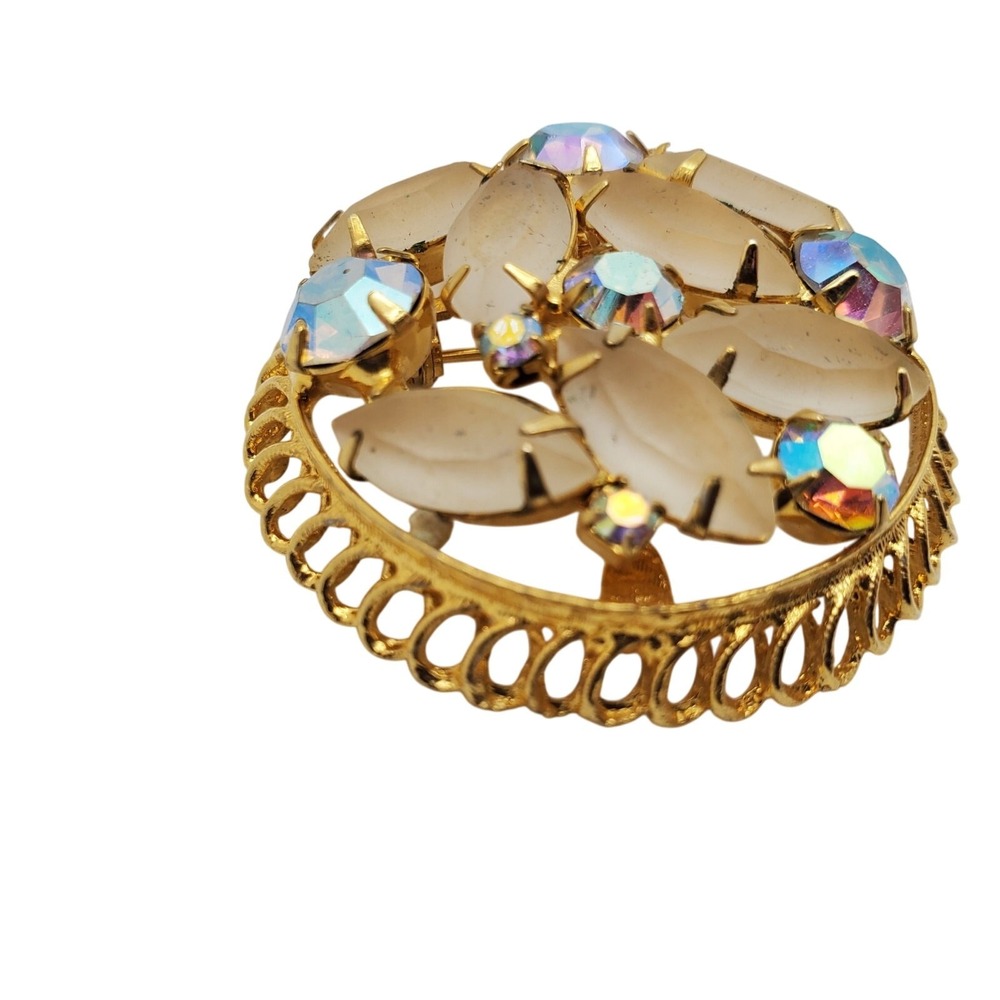 Satin Navette & AB Rhinestone Brooch Tan Gold Tone Filigree Pin Round Openwork - Picture 6 of 6